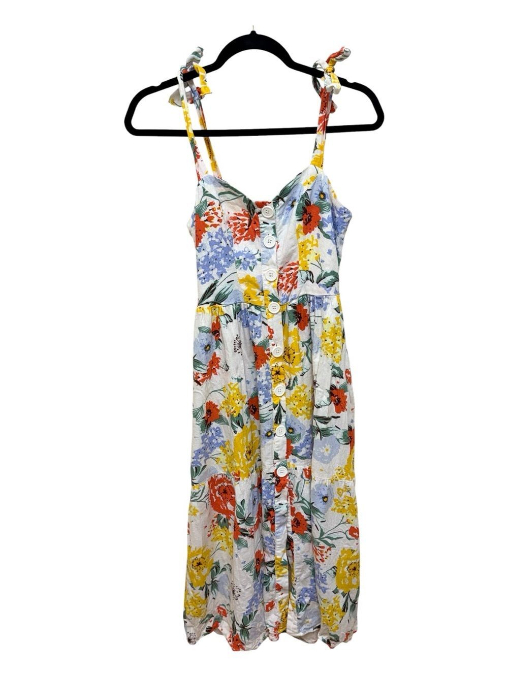 Urban Outfitters Positano Linen Tie Shoulder Midi Dress Small Buttons Pockets
